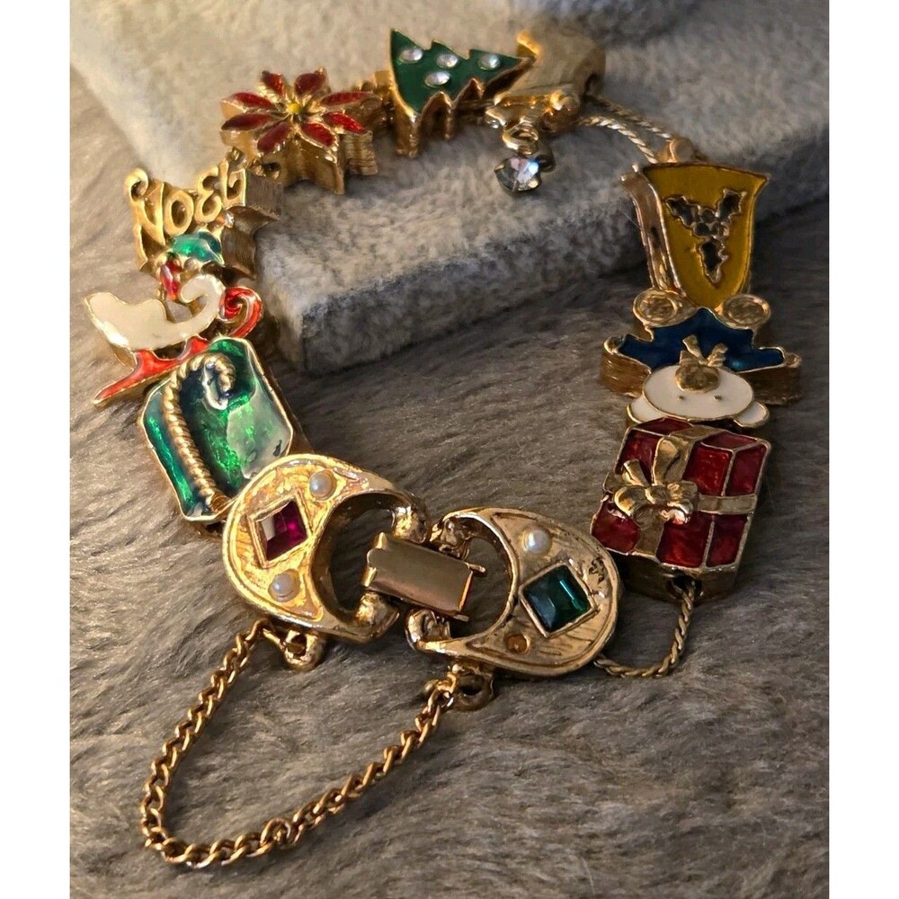 Christmas Holiday Gold-Tone Rope Chain Slider Enamel Charm Bracelet Safety chain